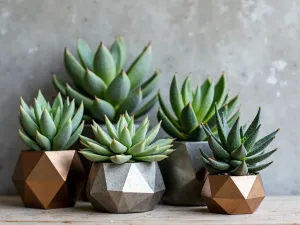 Industrial Succulent Display - Modern arrangement of succulents in geometric metal planters, featuring string of buttons and zebra plants against a concrete wall