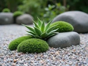 Japanese-Style Succulent Rock Garden - Close-up of a minimalist Japanese-inspired rock garden with Haworthia and jade plants nestled between smooth river rocks. Raked gravel patterns surrounding the arrangement.