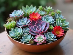 Jewel-Tone Succulent Bowl - Normal view of a shallow copper bowl filled with jewel-toned succulents including purple aeonium, blue echeveria, and red kalanchoe, arranged in a spiral pattern