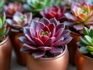 Jewel-Toned Container Collection - Close-up of artistic copper containers filled with jewel-toned succulents in deep purple, ruby red, and emerald green, including Aeonium 'Zwartkop' and Echeveria 'Black Prince'