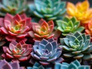 Living Palette Garden - Close-up of succulents arranged like an artist's palette, with each color blending into the next in a circular pattern