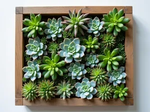 Living Picture Frame - Vertical succulent garden in a decorative frame, creating living wall art with various textures and colors of small succulents, front view