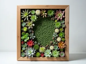 Living Succulent Picture - Normal view of a vertical frame filled with tiny colorful succulent cuttings arranged to create a nature-inspired picture, soft studio lighting