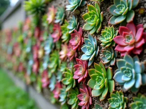 Living Wall Succulent Display - Close-up of a vertical succulent garden on a front yard boundary wall, featuring a mix of colorful Echeveria, Sedum, and Sempervivum arranged in a artistic pattern