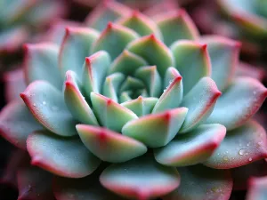 Macro Succulent Rosettes - Extreme close-up photograph of echeveria rosettes showing intricate patterns and delicate pink edges, with morning dew drops