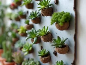 Magnetic Succulent Wall - Close-up of mini magnetic planters attached to a metal board, creating a living wall of tiny succulents in a geometric pattern, perfect for small kitchen spaces