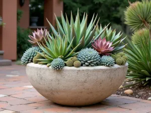 Mediterranean Stone Planter - A large weathered stone planter filled with drought-resistant succulents including Agave attenuata and Aeonium arboreum, with Mediterranean styling and terracotta accents