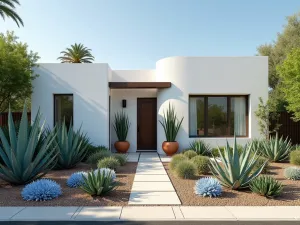 Mediterranean Succulent Garden - Wide-angle view of a drought-tolerant front yard combining tall Aloe vera plants, flowering ice plants, and blue chalk sticks against a white stucco house, with terracotta pots, photorealistic