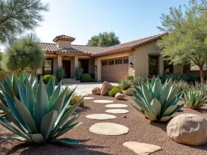 Mediterranean Succulent Landscape - Wide landscape view of a drought-tolerant garden featuring large agave plants, euphorbia, and decorative rocks with a Mediterranean villa in the background