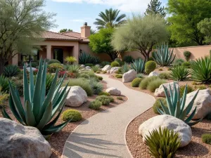 Mediterranean Rock Garden - Wide-angle view of a Mediterranean-style rock garden with agaves, sedums, and aloe vera plants nestled among weathered boulders, with a gravel pathway winding through