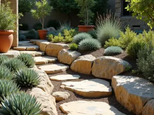 Mediterranean Rock Garden - Sun-drenched Mediterranean-style rock garden featuring Aeonium and Blue Chalk Sticks among weathered limestone rocks, with terracotta pots and Mediterranean herbs.