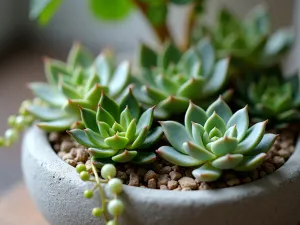 Miniature Succulent Desktop Garden - Close-up of a stylish concrete planter featuring miniature succulents arranged in a zen-like pattern, with small Haworthia and String of Pearls cascading over the edges, soft natural lighting