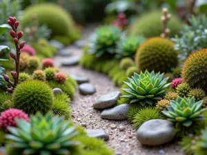 Miniature Succulent Landscape - Close-up of a detailed fairy garden-style arrangement featuring tiny crassula, haworthia, and lithops arranged with miniature pathways and small decorative elements