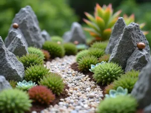 Miniature Succulent Mountain - Close-up of a rock garden arrangement featuring tiny crassula, sedum, and echeveria varieties creating a miniature mountain landscape with paths and terraces