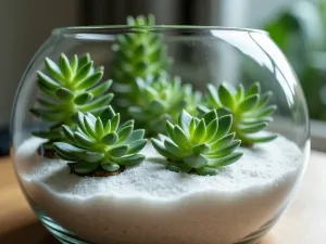 Minimalist Succulent Terrarium - Close-up view of a contemporary glass terrarium featuring a carefully arranged selection of small jade plants and haworthia in white sand, with natural light creating subtle shadows