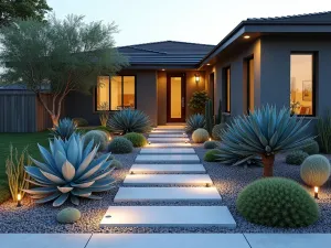 Modern Desert Succulent Entrance - A modern front yard landscape design featuring a clean-lined pathway bordered by large architectural succulents, including blue Agave attenuata and barrel cacti, with decorative gravel and accent lighting, photorealistic