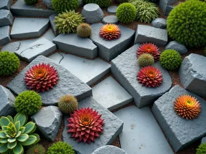 Modern Geometric Rock Garden - Aerial view of a contemporary geometric rock garden with angular basalt columns surrounded by colorful Echeveria rosettes and Crassula arrangements in precise patterns.