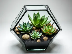 Modern Geometric Terrarium - A contemporary glass geometric terrarium filled with a sculptural arrangement of various succulents, featuring Haworthia fasciata and Crassula ovata, with black sand base, shot from above