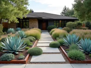 Modern Prairie Succulent Garden - Wide-angle view of a front yard combining architectural succulents with ornamental grasses, featuring mass plantings of blue glow agave and deer grass with cor-ten steel edging