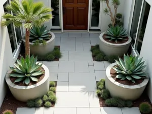 Modern Succulent Courtyard - Aerial view of a contemporary courtyard featuring large concrete planters filled with architectural succulents, including whale's tongue agave and torch aloe