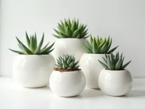 Modern Succulent Spheres - Normal view of perfectly rounded sempervivum spheres in various sizes displayed in minimalist white ceramic containers, arranged geometrically