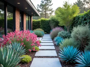 Neon Succulent Display - Normal view of a modern garden featuring succulents with intense, almost neon colors, including bright pink Graptoveria 'Fred Ives' and electric blue Senecio serpens