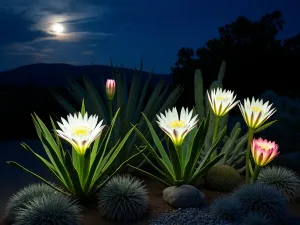 Night-Blooming Succulent Garden - Normal view of white-flowering night-blooming cereus and queen of the night cactus in bloom, illuminated by moonlight, with silver-leaved dudleya ground cover