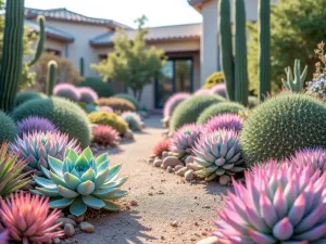 Pastel Desert Garden - Wide shot of a desert-style garden featuring pastel-colored succulents in soft pink, mint green, and lavender, with pale blue Senecio and rose-tinted Graptoveria