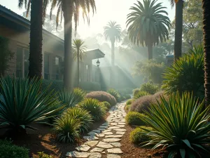 Prehistoric Succulent Garden - Wide angle shot of large cycads and agaves creating a prehistoric feeling garden, with smaller haworthias and gasterias as ground cover, morning mist