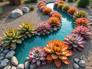 Rainbow River Garden - Wide angle view of a winding river-like pattern made from colorful succulents, flowing through a landscape of neutral-colored rocks and gravel