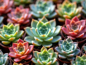 Rainbow Rosette Collection - Close-up of a collection of rosette-forming succulents in various colors, arranged in a color wheel pattern, featuring different Echeveria varieties