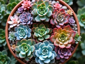 Rainbow Succulent Collection - Aerial view of a circular arrangement featuring colorful succulents including pink moonstone, blue chalk stick, purple echeveria, and golden sedum, creating a color wheel effect