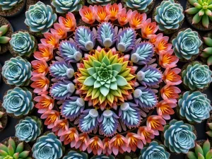 Rainbow Succulent Mandala - Overhead view of a circular mandala pattern created with colorful succulents including purple echeveria, orange sedum, and blue senecio