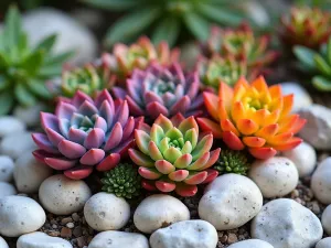 Rainbow Rock Garden - Close-up of a vibrant rock garden showcasing succulents in graduating colors, from purple Echeveria to orange Sedum, arranged among white quartz rocks.