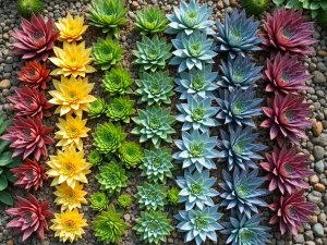 Living Rainbow Wall - Aerial view of a vertical succulent wall garden arranged in rainbow stripes, featuring different colored varieties of Sempervivum, Echeveria, and Sedum