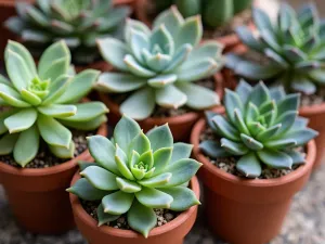 Rare Succulent Collection - Close-up of rare succulents including variegated string of hearts, cristata forms, and rare hybrid echeverias arranged in vintage terracotta pots