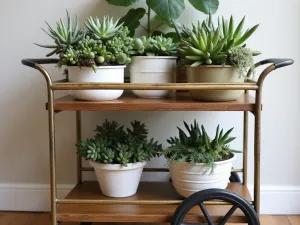 Rolling Succulent Cart - Vintage bar cart repurposed as a mobile succulent garden, with multiple shelves holding various succulent arrangements in brass and ceramic containers