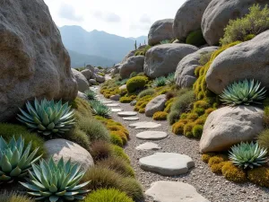 Rustic Mountain Garden - Wide-angle view of a rustic mountain-inspired rock garden with native succulents growing among ancient weathered boulders, featuring natural moss and lichen accents.