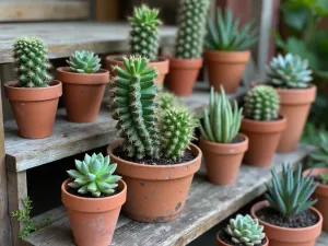 Rustic Succulent Container Garden - Collection of weathered terracotta pots filled with various succulents including string of pearls and burro's tail, arranged on vintage wooden steps