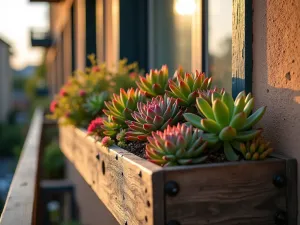 Rustic Window Box Succulents - Wide angle view of a weathered wooden window box filled with a variety of drought-resistant succulents in sunset colors, mounted on a small apartment balcony railing