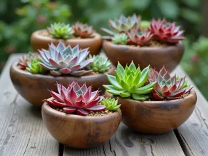 Rustic Wood Bowl Collection - A wide-angle view of multiple wooden bowls of varying sizes containing colorful succulent arrangements, featuring Sempervivum varieties and Echeveria 'Purple Pearl', placed on a weathered wooden table