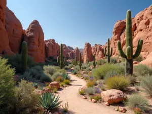 Southwest Canyon Garden - Wide-angle view of a dramatic southwestern-style rock garden with tall sandstone formations housing various barrel cacti and agave plants, with desert wildflowers.