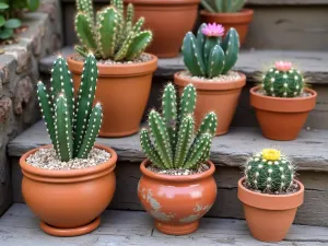 Southwest Pottery Garden - Collection of terra cotta pottery filled with barrel cactus, Mexican fence post, and colorful echeverias, arranged on rustic wooden steps