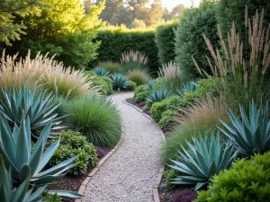 Southwest Succulent Border - Long border garden featuring layers of agave, aloe, and echeveria with ornamental grasses and decomposed granite paths, photographed in morning light