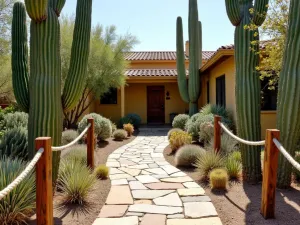 Southwest Succulent Entrance - A welcoming front yard path flanked by tall saguaro cacti, golden barrel cacti, and flowering desert plants, with weathered wooden posts and rope accents