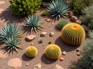 Southwest Succulent Garden - Aerial view of a Southwest-style garden featuring golden barrel cactus, blue agave, and red yucca arranged among terra cotta colored rocks and decomposed granite