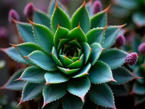 Spiral Aloe Garden - Close-up dramatic shot of spiral aloe (Aloe polyphylla) with its mathematical spiral pattern, surrounded by small purple aeoniums, morning dew on leaves