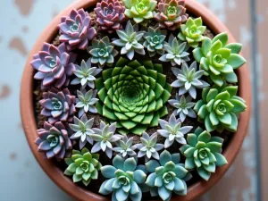 Spiral Succulent Arrangement - Aerial view of a spiral-shaped arrangement of succulents in a round container, featuring gradient colors from purple to green, created with various small succulent varieties