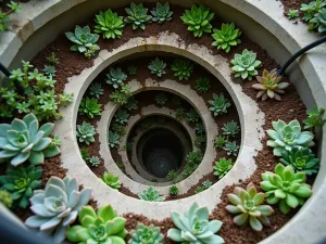 Staircase Succulent Collection - Wide shot of a compact spiral staircase with built-in planter boxes on each step, filled with trailing and upright succulents in complementary colors