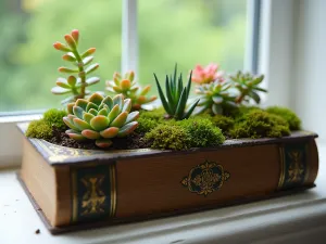 Succulent Book Planter - Close-up of an upcycled vintage book transformed into a unique planter, filled with small colorful succulents and moss, sitting on a windowsill